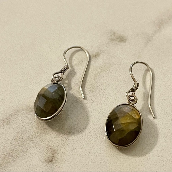 Sterling Silver Faceted Labradorite Gem Earrings Vintage Wedding Engagement - Picture 3 of 12